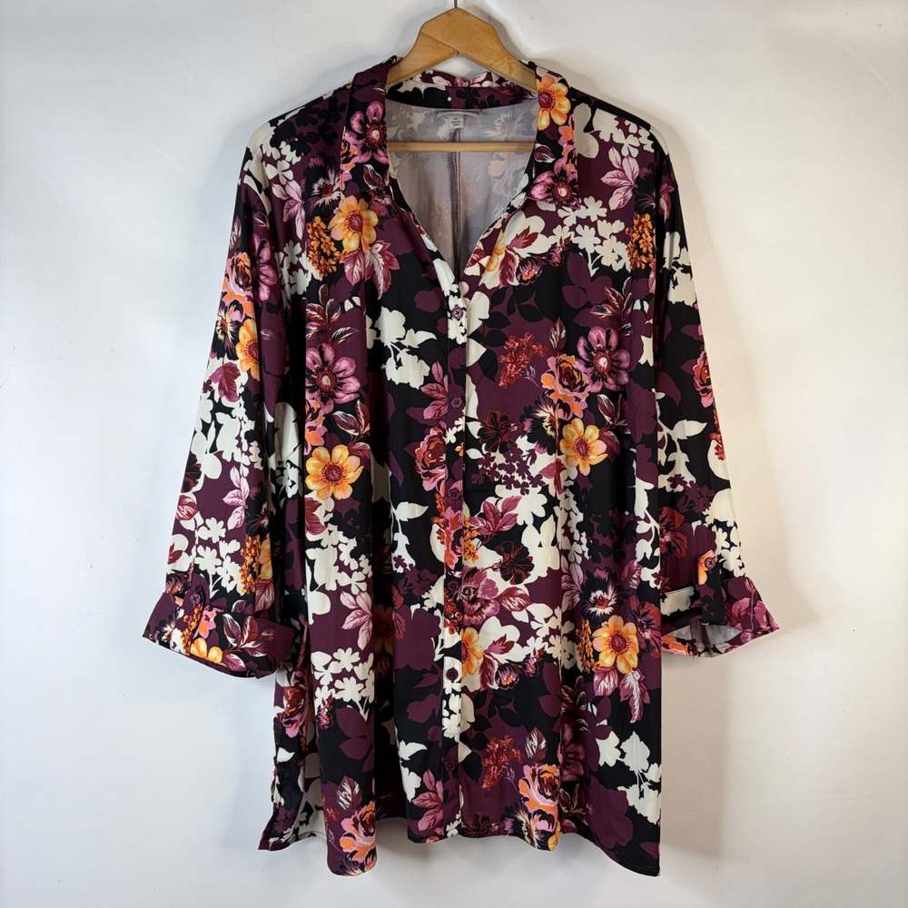 Catherines Button Down Tunic Women 4X Plum Floral Roll Tab Sleeve Stretch Top